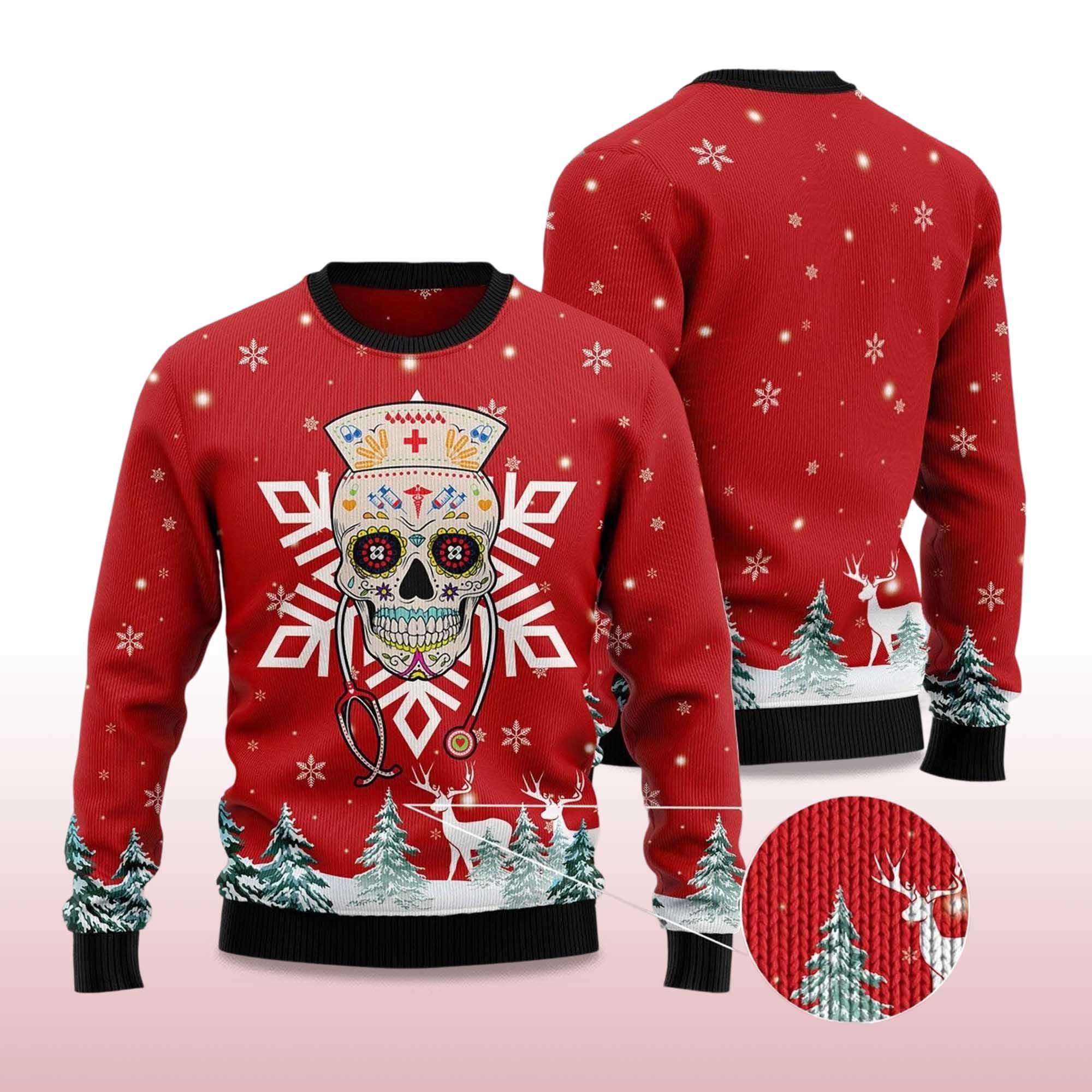 Alternative view of 2025 Sugar Skull Nurse Ugly Christmas Sweater