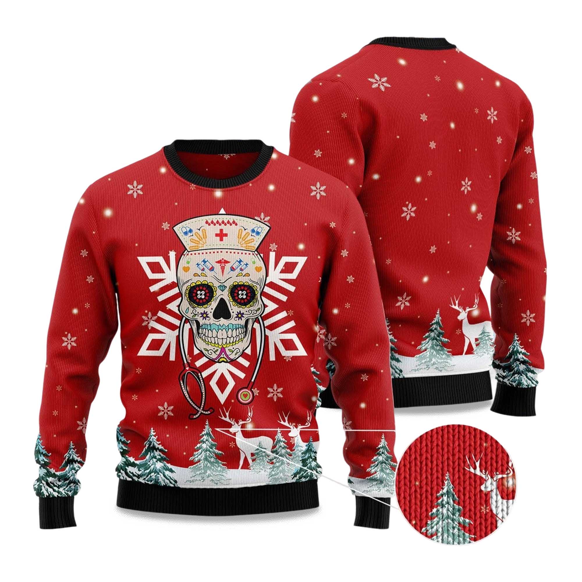 2025 Sugar Skull Nurse Ugly Christmas Sweater