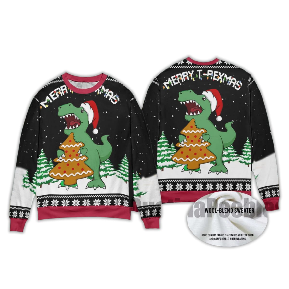 Alternative view of 2025 T-Rex And Christmas Tree Cookies Ugly Christmas Sweater