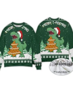 2025 T-Rex And Christmas Tree Cookies Ugly Christmas Sweater