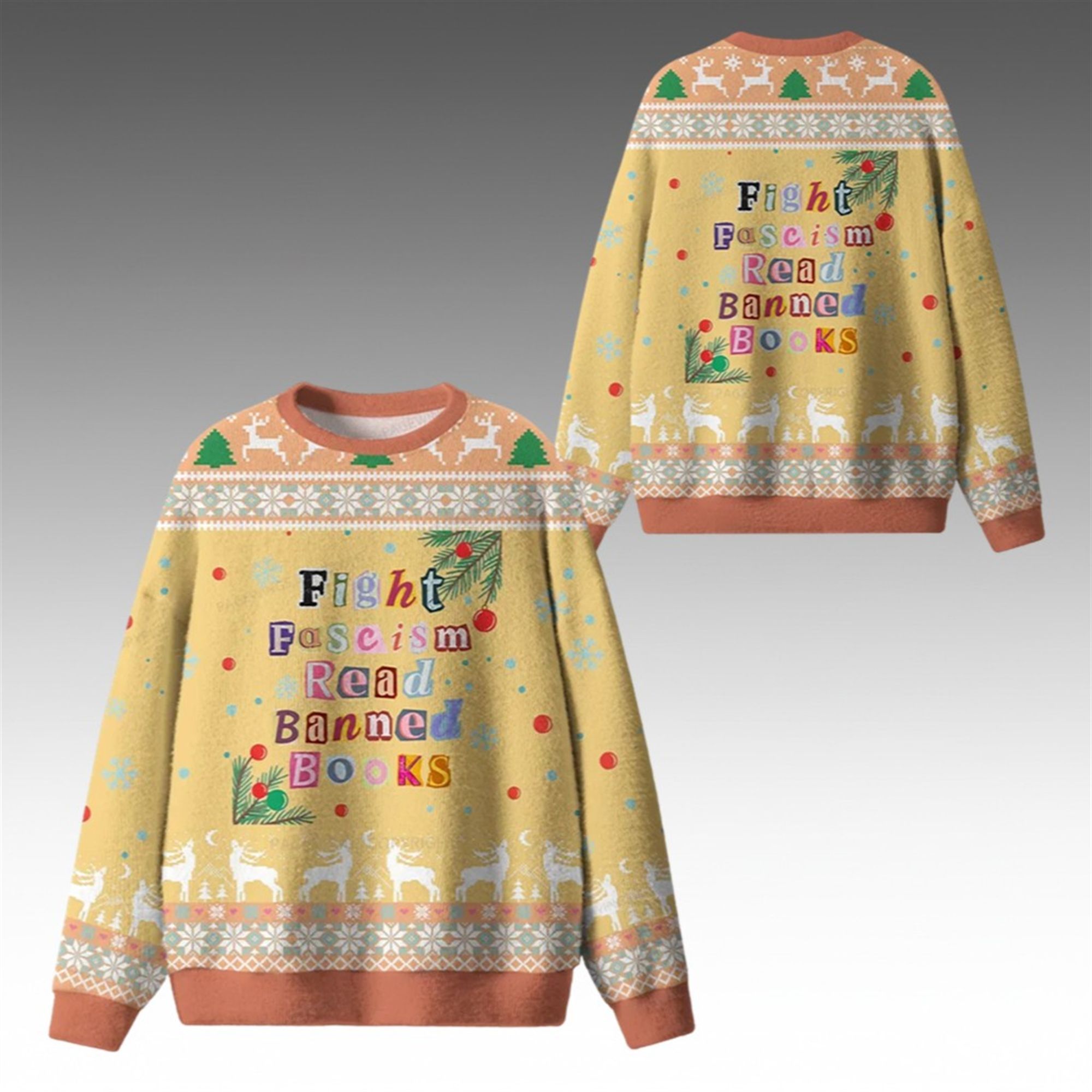 Alternative view of 2026 Christmas Fight Fascism Read Banned Books Ugly Sweater - Grishko.com