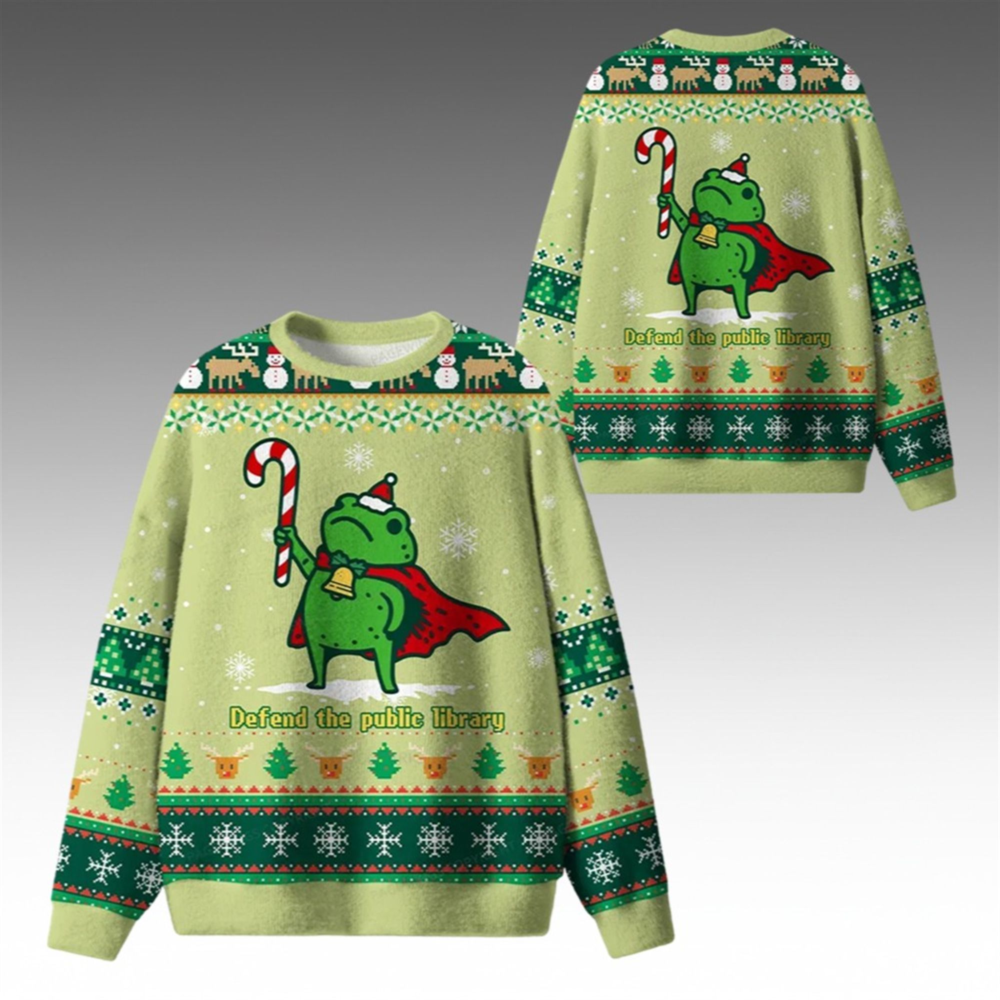 Alternative view of 2026 Christmas Frog Defend The Public Library Ugly Sweater - Grishko.com