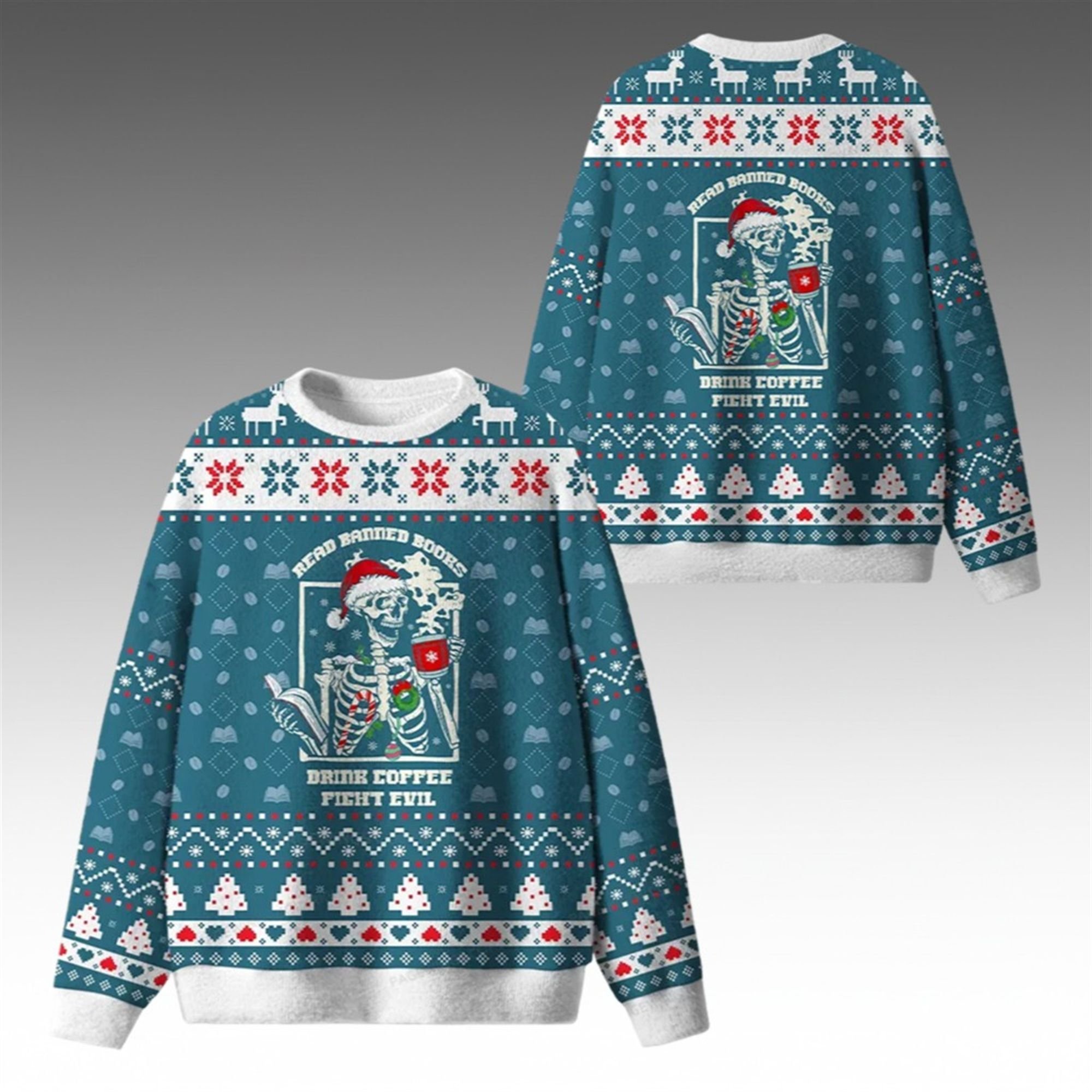 Alternative view of 2026 Christmas Read Banned Books Drink Coffee Fight Evil Ugly Sweater - Grishko.com