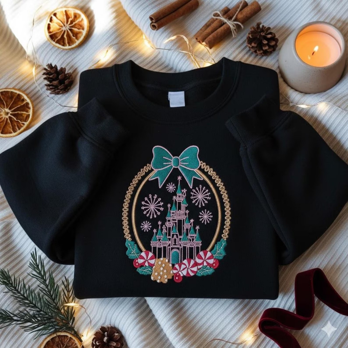 Embroidered Coquette Bows Disney Castle Christmas Sweatshirt, Disneyland Christmas Tee, Disney Gingerbread Candy Cane Sweater - Image 2