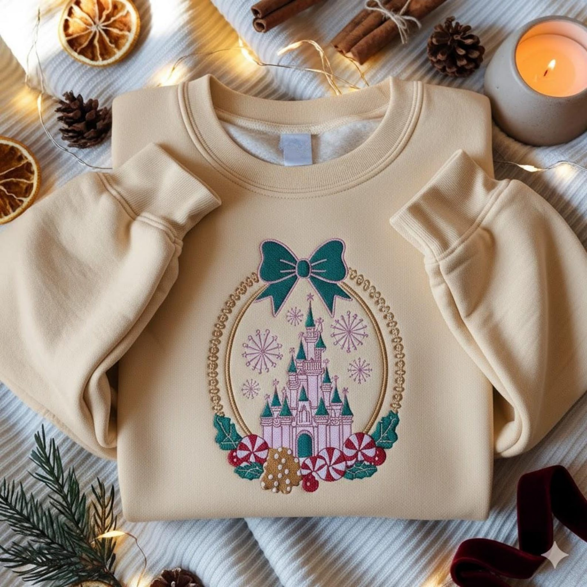 Embroidered Coquette Bows Disney Castle Christmas Sweatshirt, Disneyland Christmas Tee, Disney Gingerbread Candy Cane Sweater - Image 3