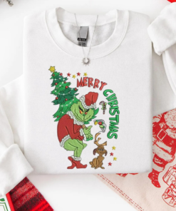 Embroidered Merry Christmas Grinch Sweatshirt, Funny Christmas Embroidered Sweater