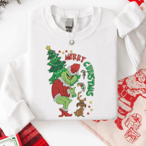 Embroidered Merry Christmas Grinch Sweatshirt, Funny Christmas Embroidered Sweater
