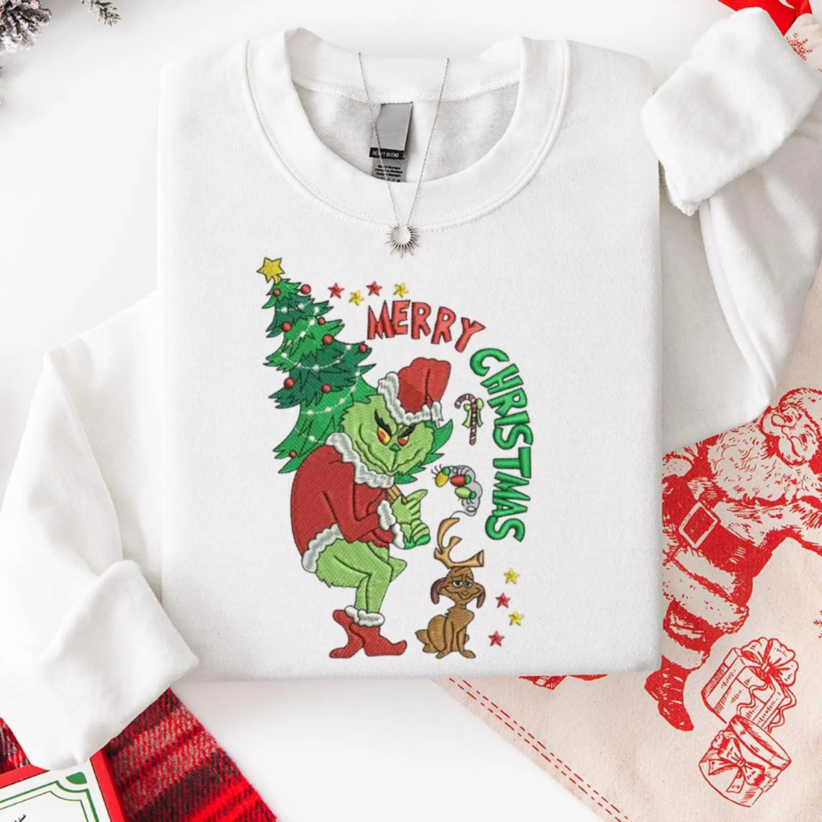Embroidered Merry Christmas Grinch Sweatshirt, Funny Christmas Embroidered Sweater