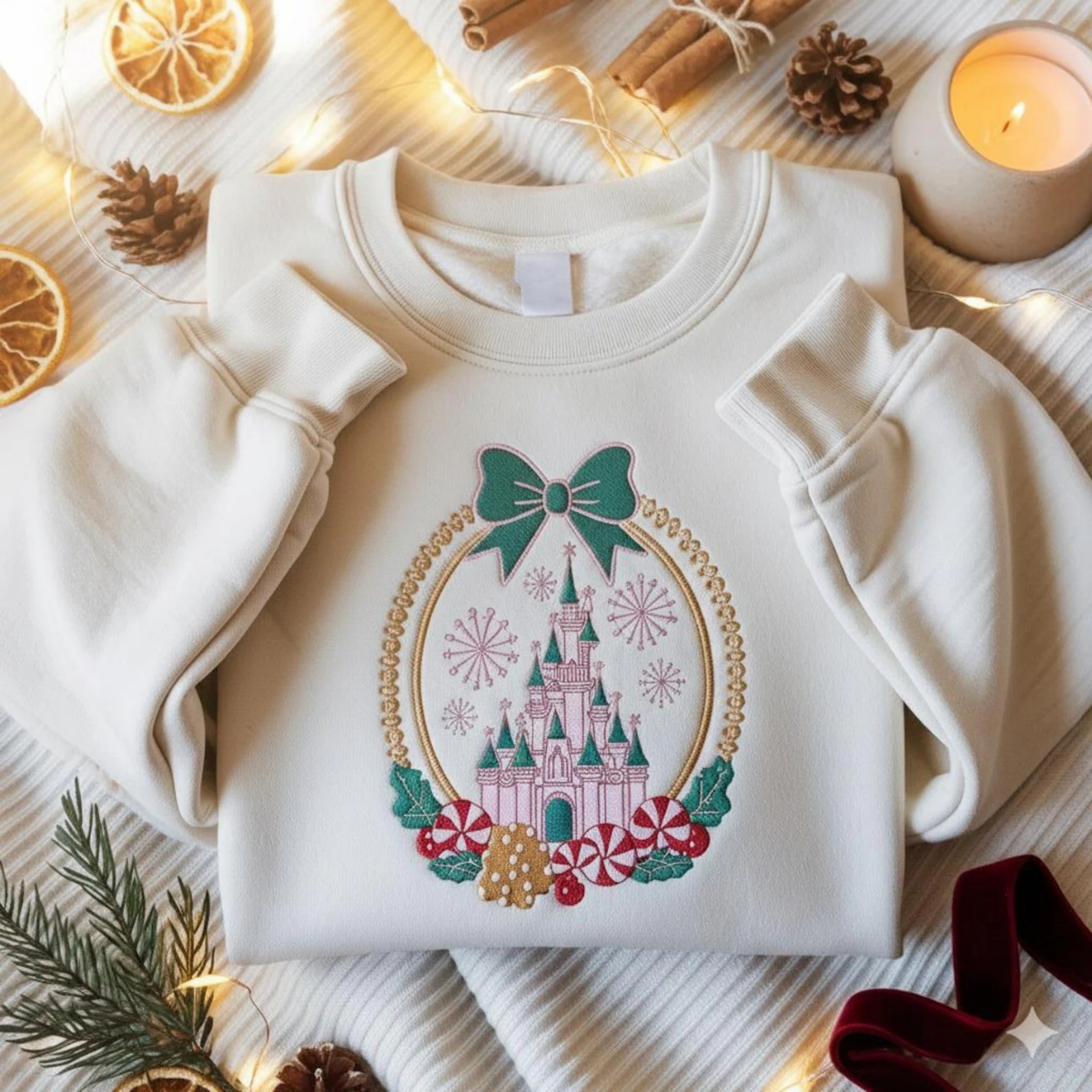 Embroidered Coquette Bows Disney Castle Christmas Sweatshirt, Disneyland Christmas Tee, Disney Gingerbread Candy Cane Sweater - Image 4