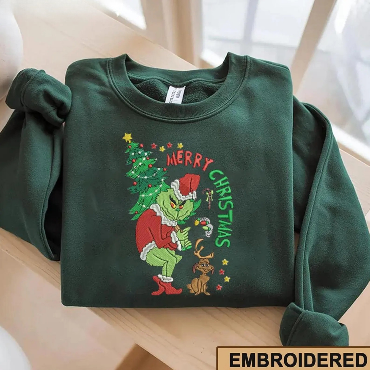 Embroidered Merry Christmas Grinch Sweatshirt, Funny Christmas Embroidered Sweater - Image 3