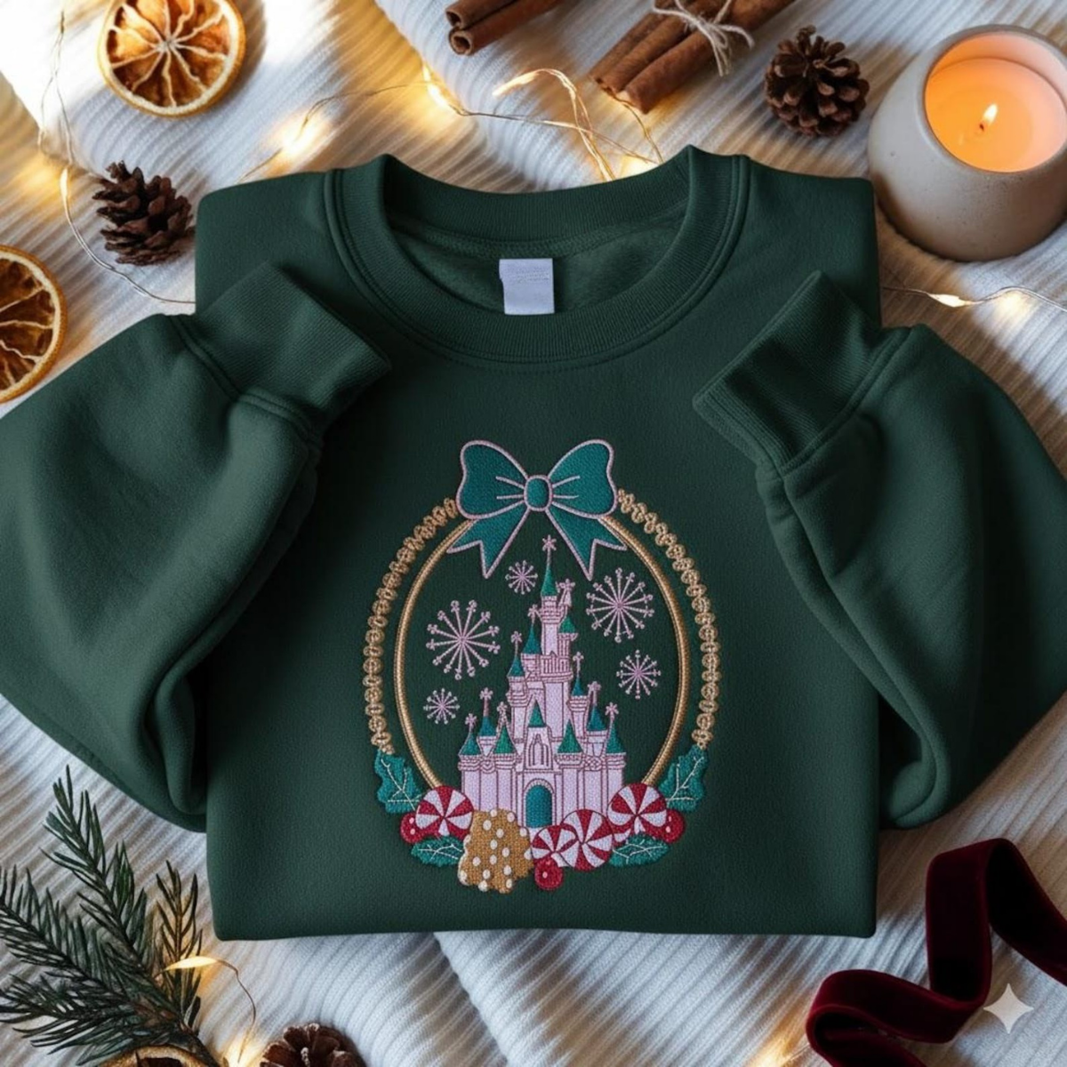 Embroidered Coquette Bows Disney Castle Christmas Sweatshirt, Disneyland Christmas Tee, Disney Gingerbread Candy Cane Sweater - Image 5