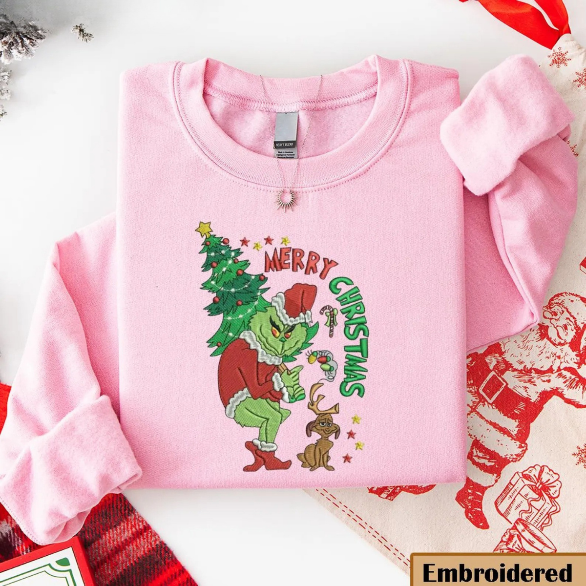 Embroidered Merry Christmas Grinch Sweatshirt, Funny Christmas Embroidered Sweater - Image 4