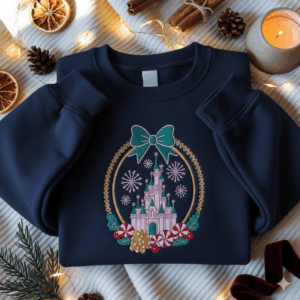 Embroidered Coquette Bows Disney Castle Christmas Sweatshirt, Disneyland Christmas Tee, Disney Gingerbread Candy Cane Sweater