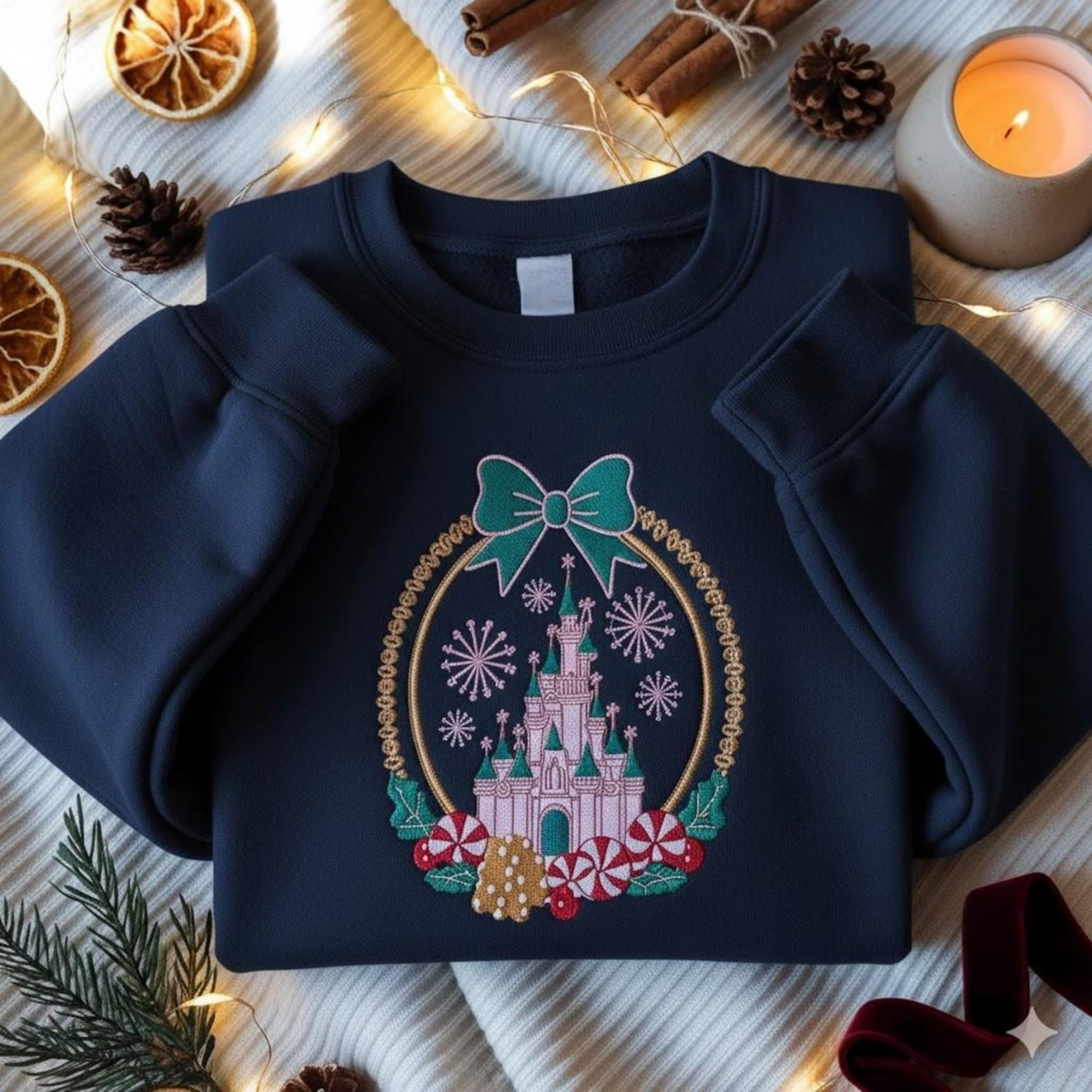 Embroidered Coquette Bows Disney Castle Christmas Sweatshirt, Disneyland Christmas Tee, Disney Gingerbread Candy Cane Sweater