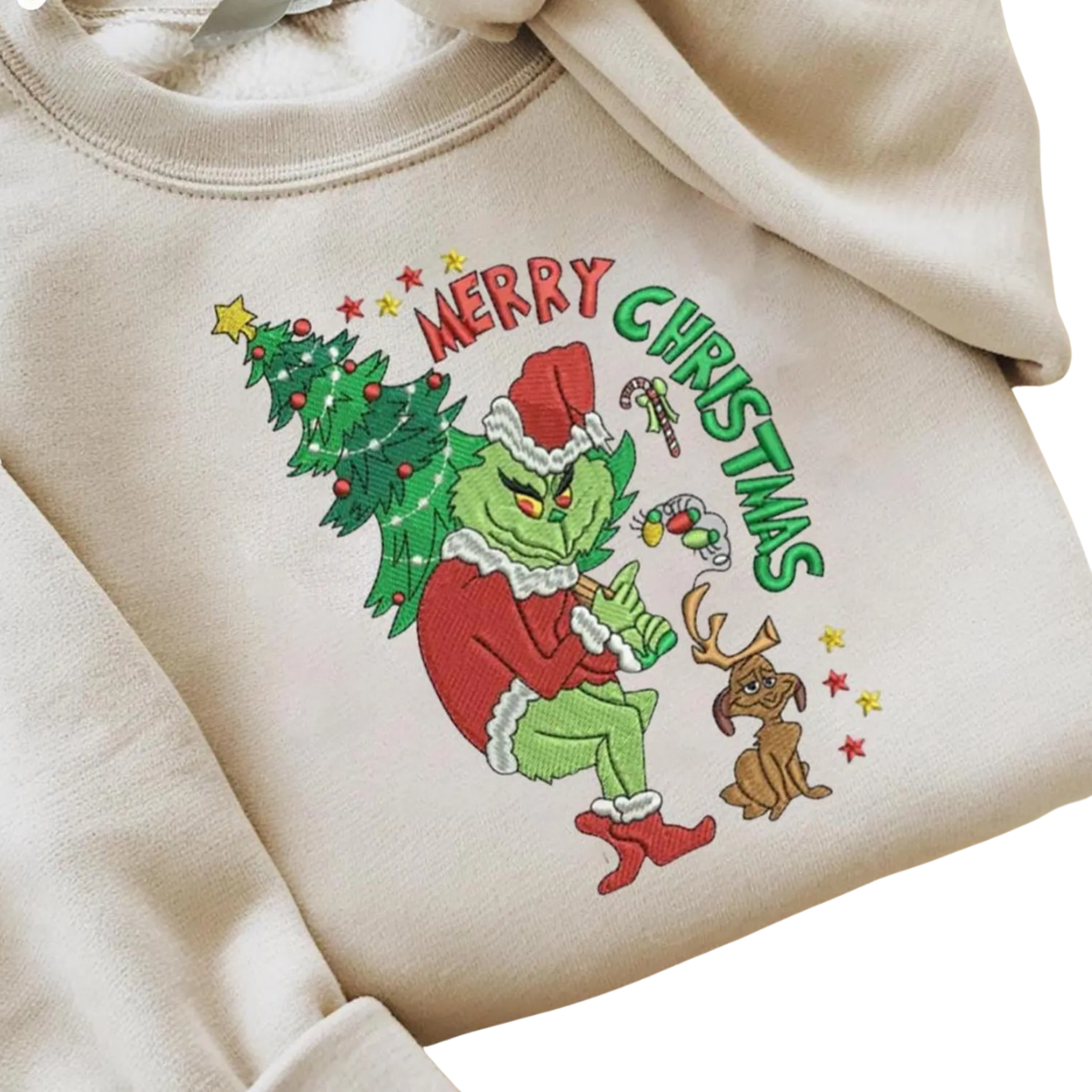 Embroidered Merry Christmas Grinch Sweatshirt, Funny Christmas Embroidered Sweater - Image 5