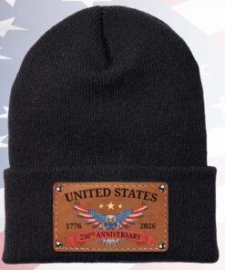 250 Year America Beanie | Semiquincentennial Knit Hat with Leather Patch | 250th Anniversary USA Patriotic Christmas Gift