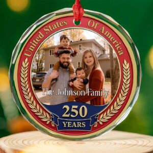 Alternative view of 250 Years Anniversary Glass Ornament | Customize Photo Patriotic Ornament | Personalized 250th Years United States of America Ornament 683266