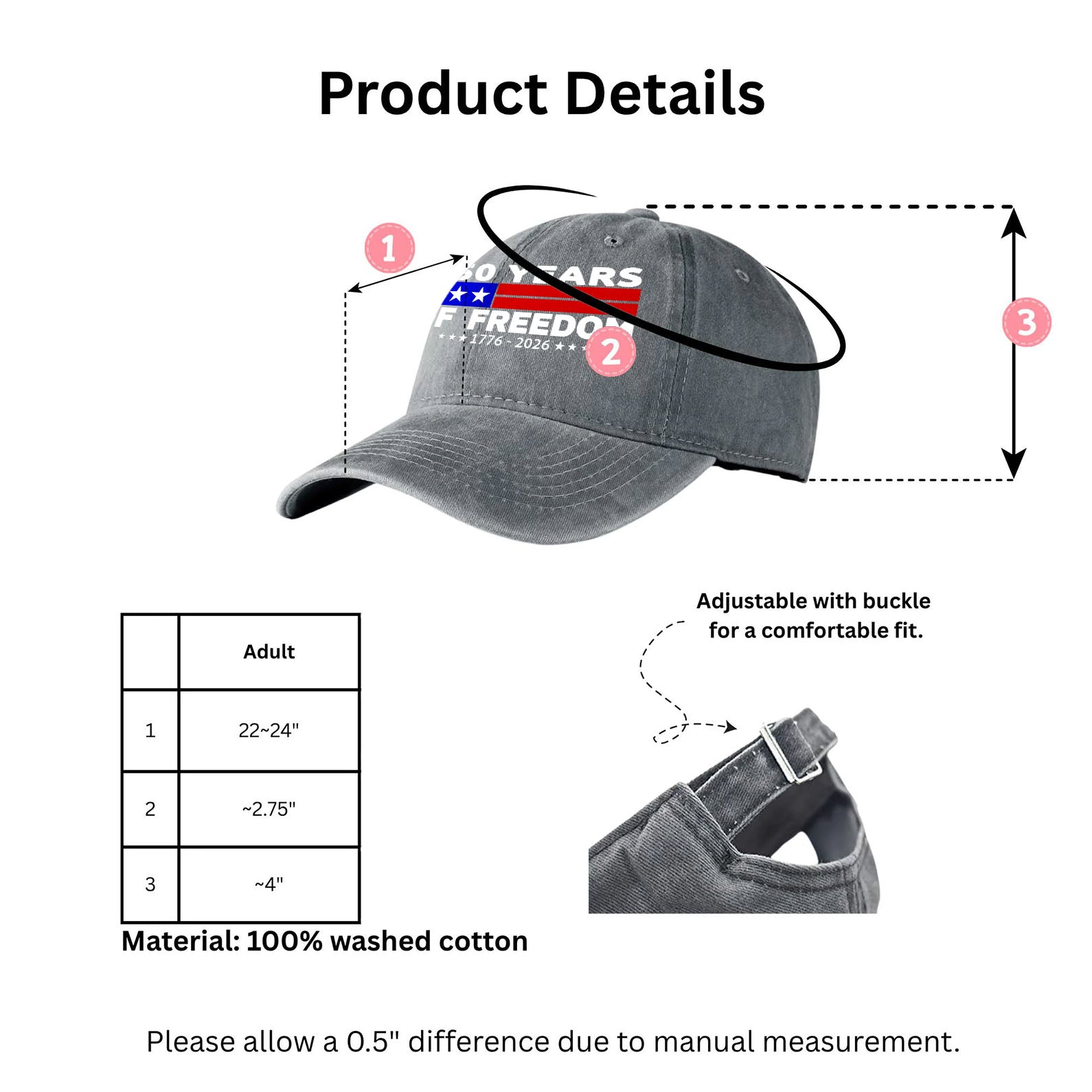 250 Years Anniversary Printed Vintage Washed Denim Baseball Cap | America 250th Anniversary Hat 683037 - Image 5