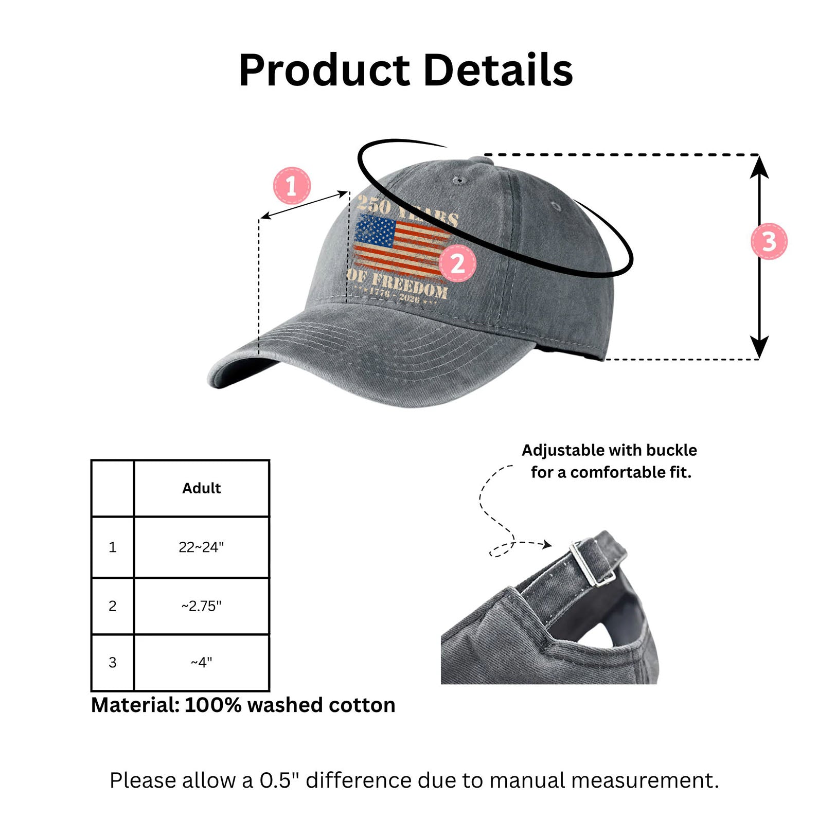 250 Years Of Freedom 1776-2026 Printed Vintage Washed Denim Baseball Cap | Patriotic 4th Of July Hat 683522 - Image 5