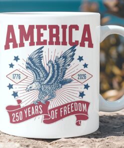 250 Years Of Freedom Mug | Happy 250th Birthday USA | America 250th Anniversary Mug | Patriotic Bald Eagle White Mug Accent Mug