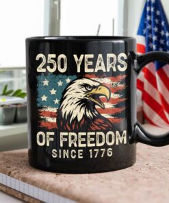 Alternative view of 250 Years Of Freedom Since 1776 USA Bald Eagle America Flag Black Mug