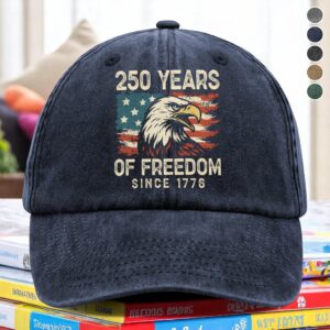 Alternative view of 250 Years Of Freedom Since 1776 USA Bald Eagle America Flag Washed Denim Baseball Cap HA75 897380