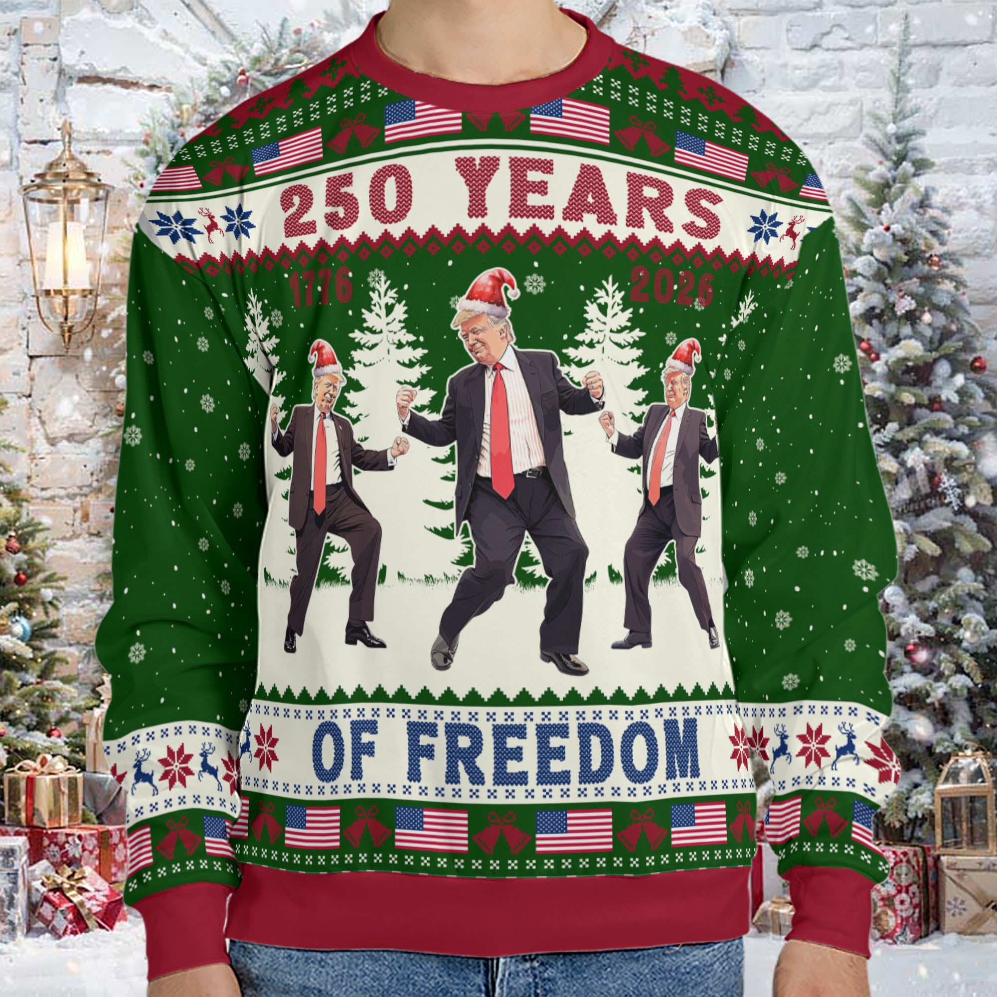 250 Years Of Freedom Sweatshirt, Funny Trump Dancing Ugly Sweater, Happy 250th Birthday USA, America 250th Anniversary, Christmas All-Over-Printed Sweatshirt 682648 - GOP - Image 5
