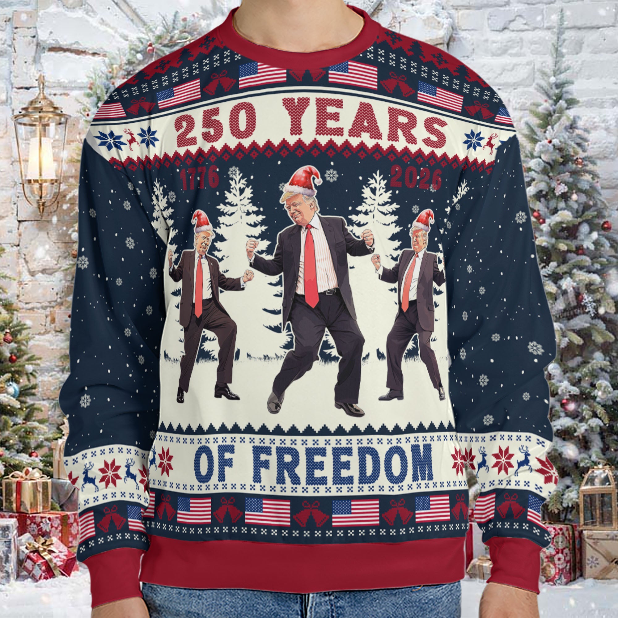 250 Years Of Freedom Sweatshirt, Funny Trump Dancing Ugly Sweater, Happy 250th Birthday USA, America 250th Anniversary, Christmas All-Over-Printed Sweatshirt 682648 - GOP - Image 4