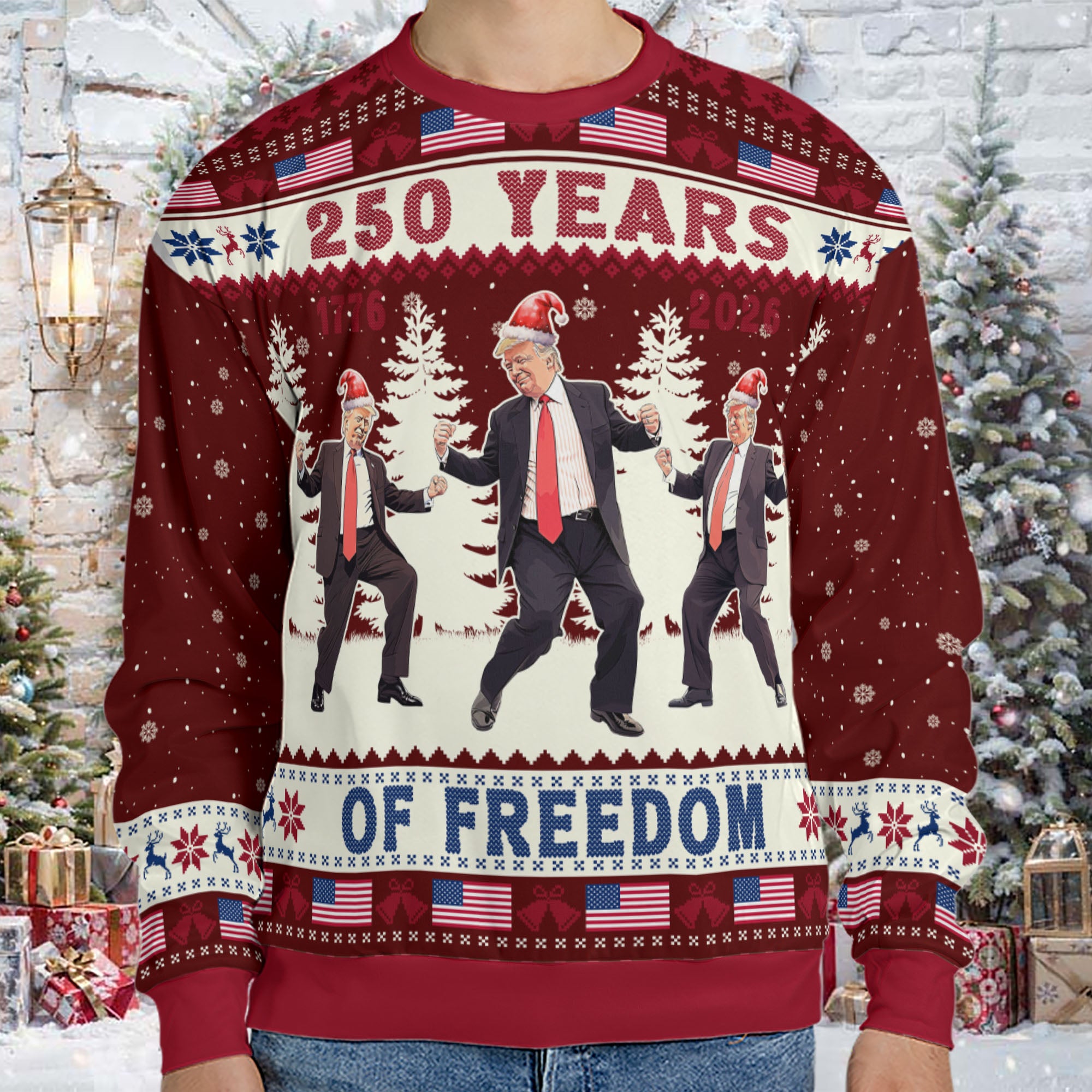 250 Years Of Freedom Sweatshirt, Funny Trump Dancing Ugly Sweater, Happy 250th Birthday USA, America 250th Anniversary, Christmas All-Over-Printed Sweatshirt 682648 - GOP - Image 3