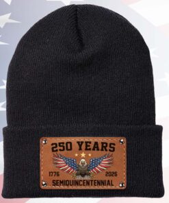 250 Years Semiquincentennial Knit Leather Patch Beanie | America 250 Years Anniversary | Print Leather Patch Hat