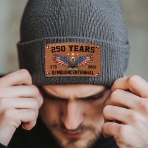 Alternative view of 250 Years Semiquincentennial Knit Leather Patch Beanie | America 250 Years Anniversary | Print Leather Patch Hat 683631