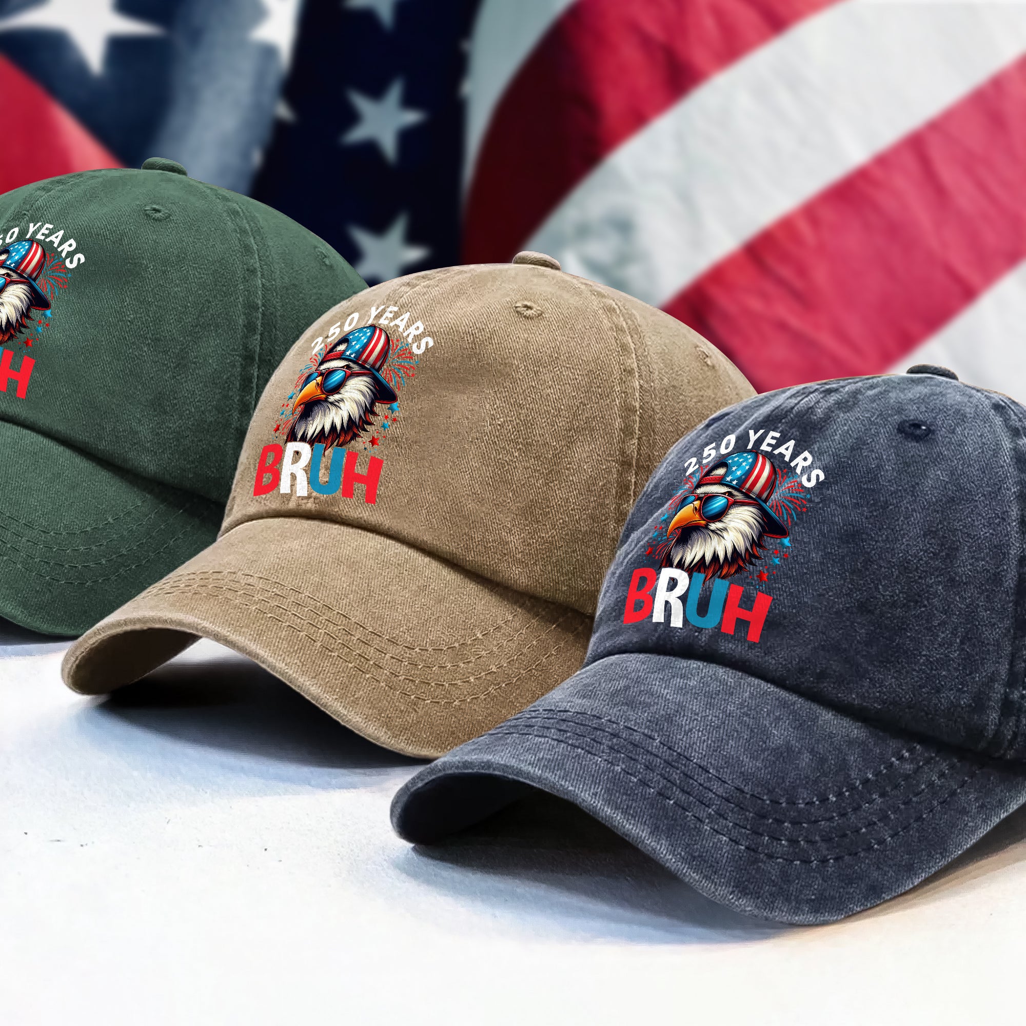 250 Years USA Bruh 250th Birthday 1776-2026 Eagle Flag Washed Denim Baseball Cap HA75 897332 - Image 3
