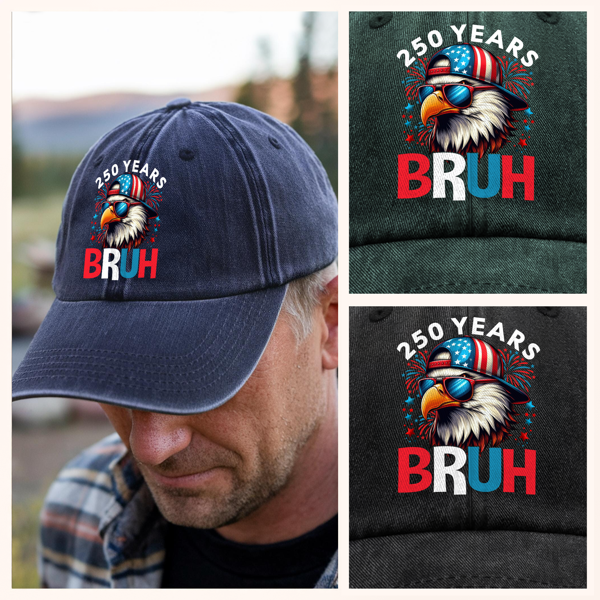 250 Years USA Bruh 250th Birthday 1776-2026 Eagle Flag Washed Denim Baseball Cap HA75 897332 - Image 4