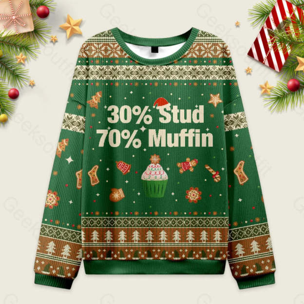 30?? Stud 70?? Muffin Ugly Christmas Fuzzy Fleece Sweatshirt