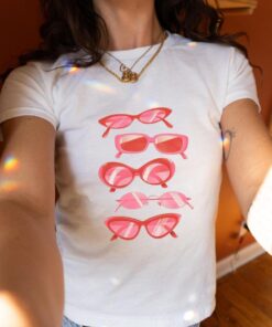 Pink Sunglasses Graphic Croptop, 90s Style Clothing, Womens Fitted Croptop