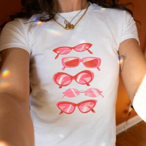 Pink Sunglasses Graphic Croptop, 90s Style Clothing, Womens Fitted Croptop