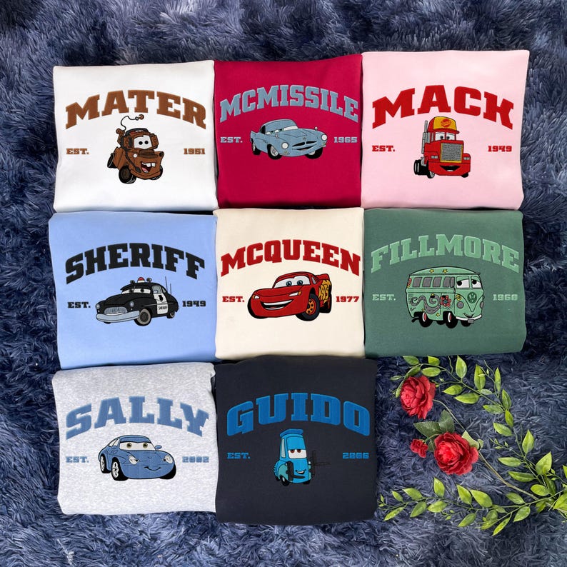 Cars McQueen & Friends Embroidered Sweatshirt, Cartoon Embroidered Sweatshirts, Cars Character Movie, Trending Crewneck, Gift For Friends