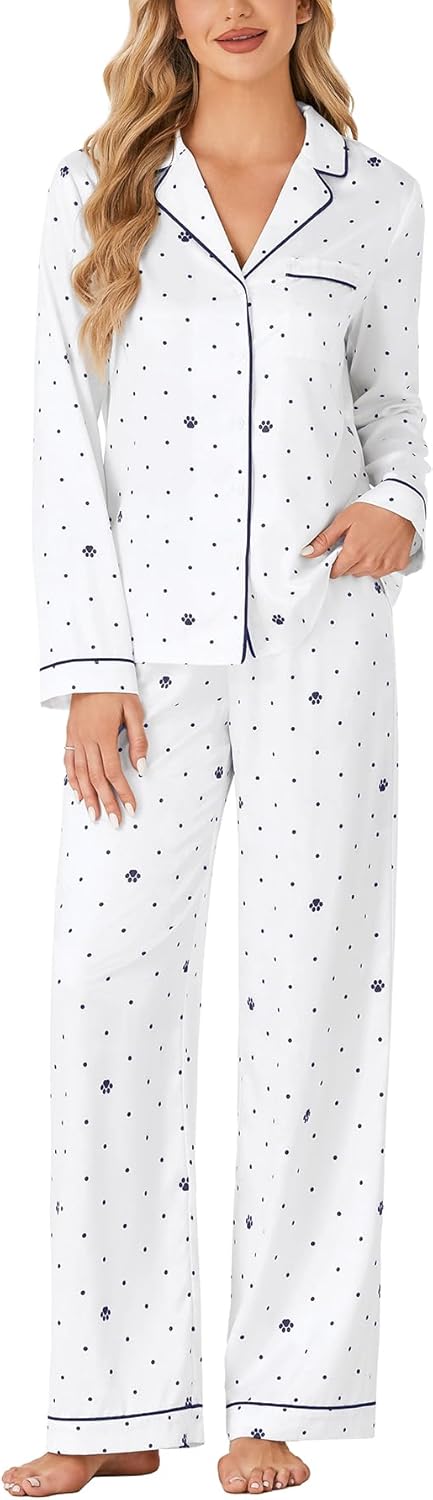 Women's Printed Pajama Set Button Down Long Sleeve Sleepwear and Pants Set PJ Lounge Set