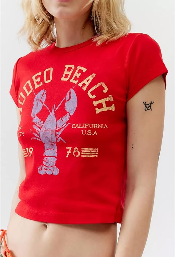 Beach Lobster Red, Women Y2k Print CropTop, Vintage Aesthetic Summer Teens Girl - Image 2