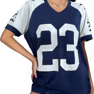 Women's Color Block V Neck Half Sleeve T-Shirt Basketball Jersey Tee Casual Streetwear Top