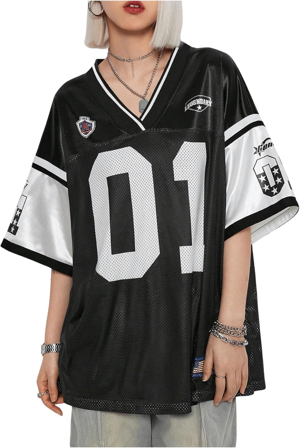 Women's Oversized Letter Graphic Jersey Tee Color Block Short Sleeve Y2K Mesh Football Jersey Tops - Image 8