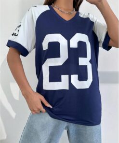 Alternative view of Women's Color Block V Neck Half Sleeve T-Shirt Basketball Jersey Tee Casual Streetwear Top