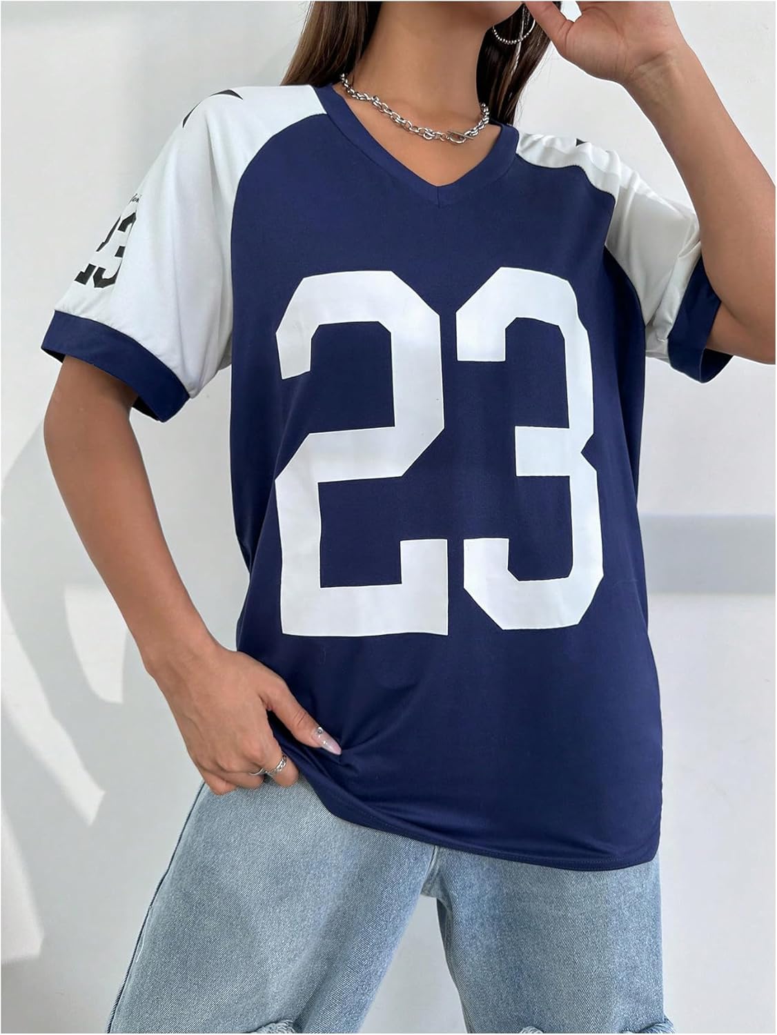 Women's Color Block V Neck Half Sleeve T-Shirt Basketball Jersey Tee Casual Streetwear Top - Image 2