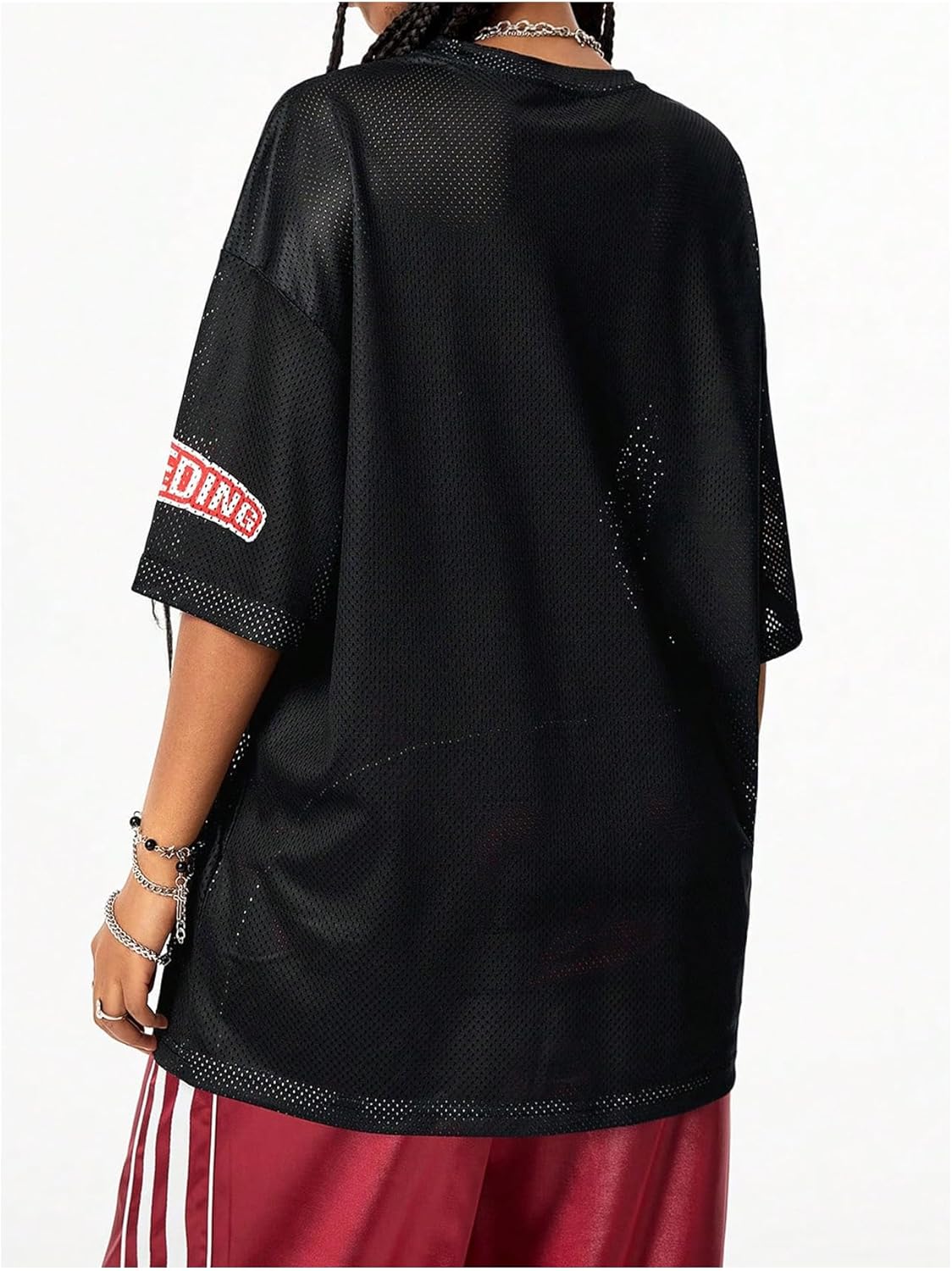 Women Number Print Jersey T Shirt Round Neck Half Sleeve Oversized Tee Tops - Image 2