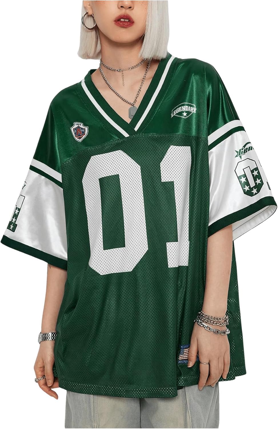Women's Oversized Letter Graphic Jersey Tee Color Block Short Sleeve Y2K Mesh Football Jersey Tops - Image 5