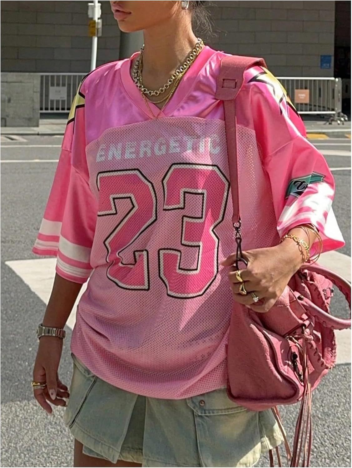 Women's Y2k Oversized Jersey Shirts Number Graphic Print Patchwork Half Sleeve Tee Streetwear - Image 2