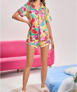 Alternative view of SweatyRocks Women's Two Piece Cute Graphic Pajama Set Short Sleeve Button Down Tops and Shorts Loungewear