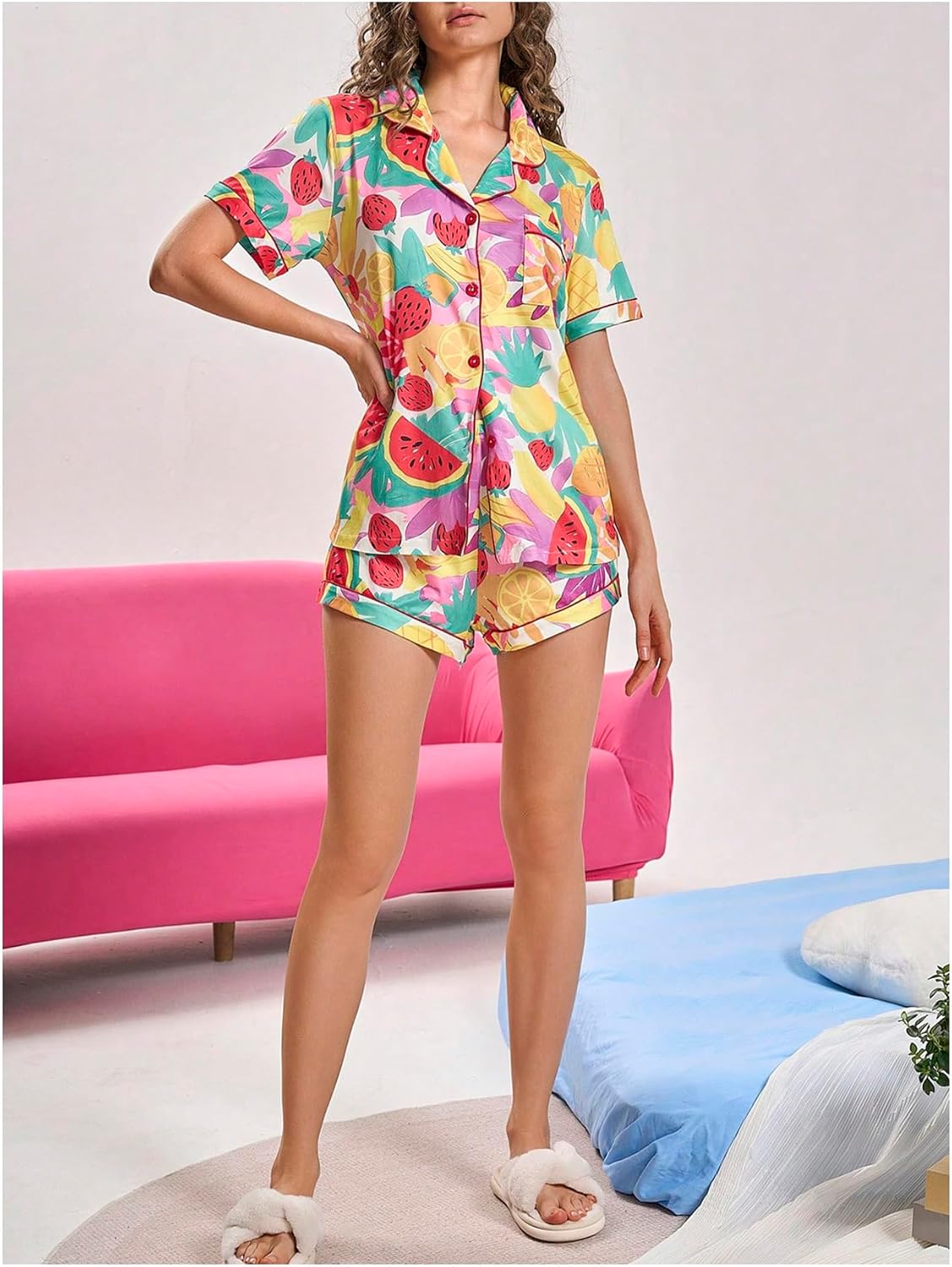 SweatyRocks Women's Two Piece Cute Graphic Pajama Set Short Sleeve Button Down Tops and Shorts Loungewear - Image 2