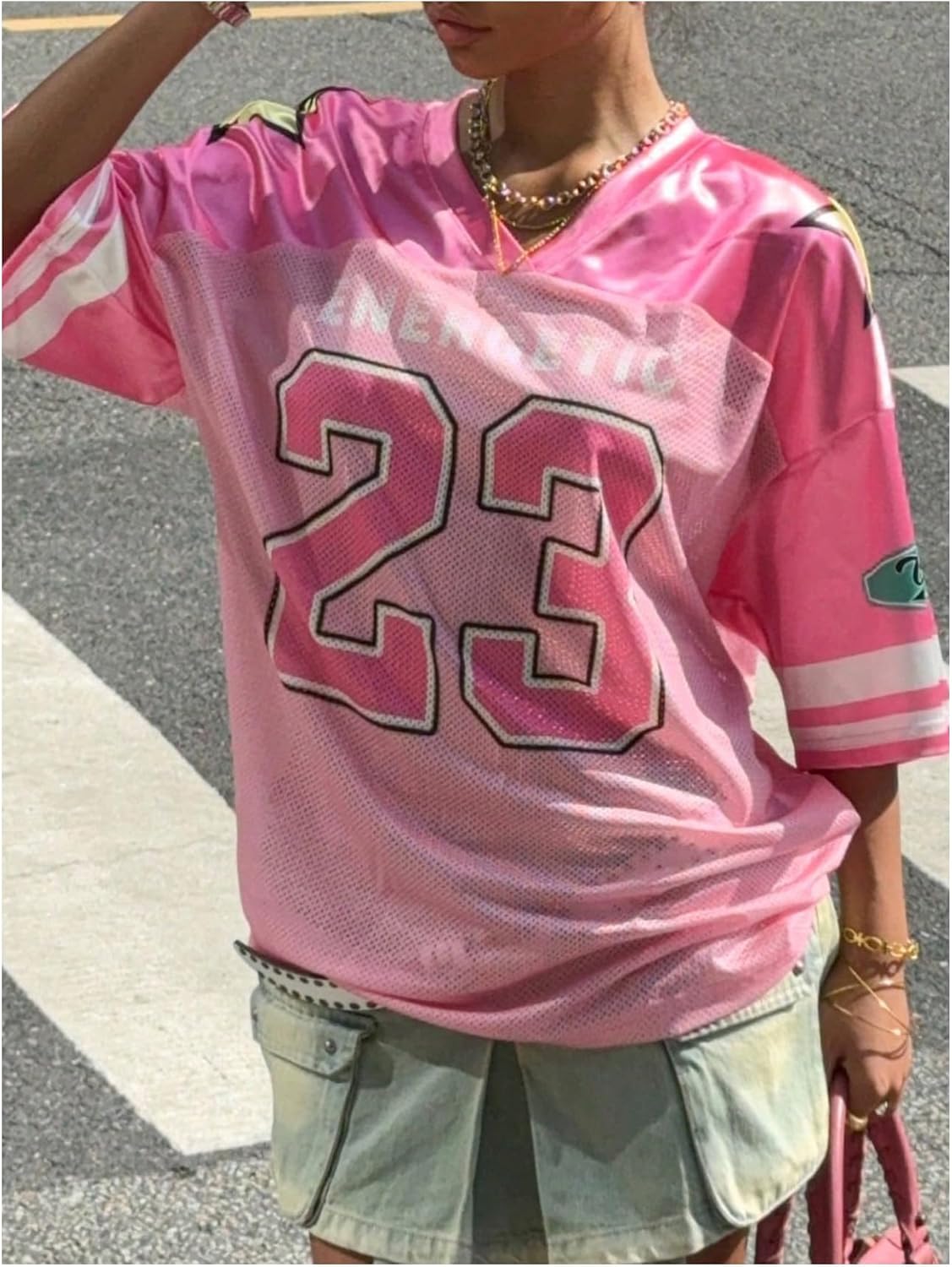 Women's Y2k Oversized Jersey Shirts Number Graphic Print Patchwork Half Sleeve Tee Streetwear - Image 3