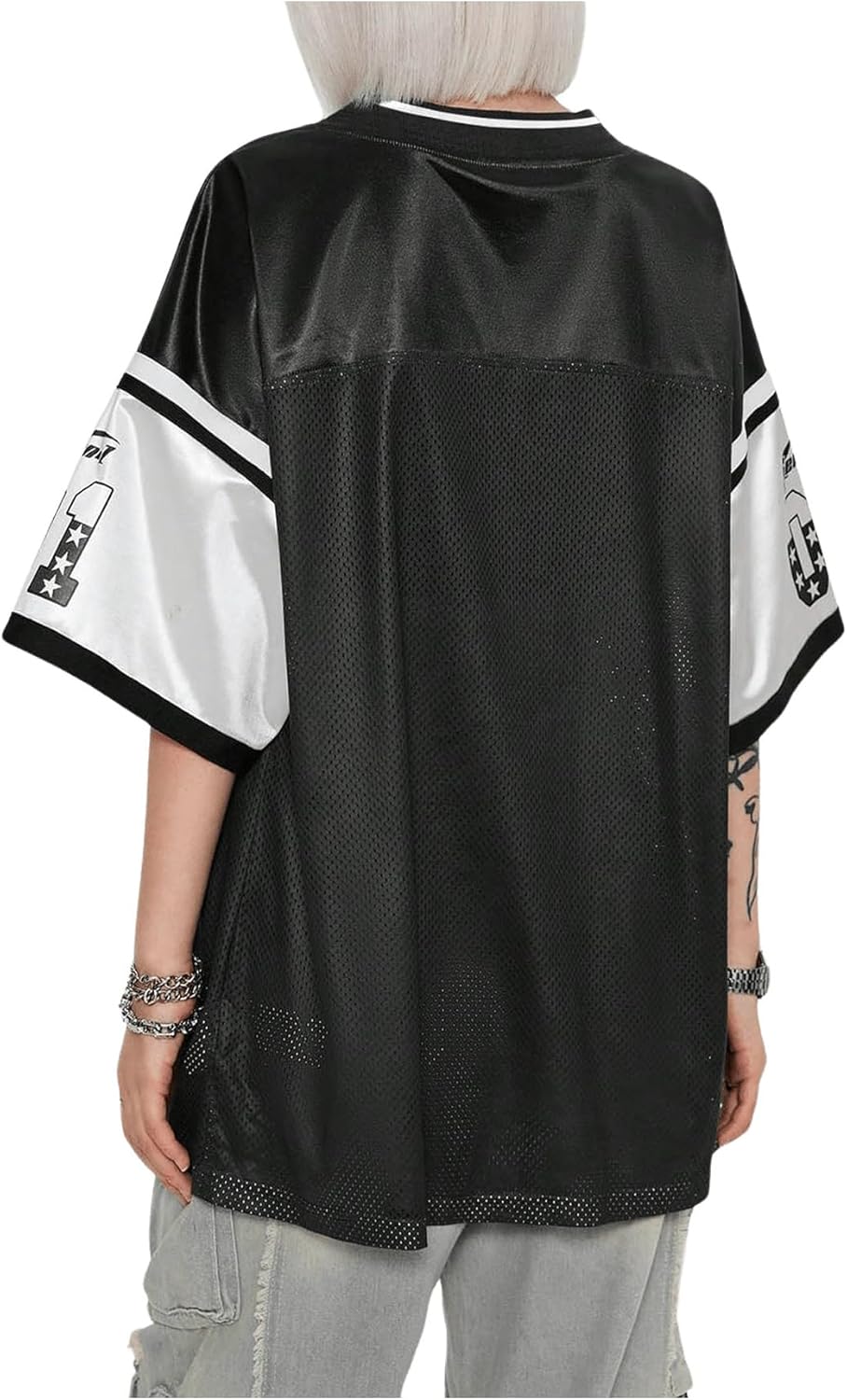 Women's Oversized Letter Graphic Jersey Tee Color Block Short Sleeve Y2K Mesh Football Jersey Tops - Image 3